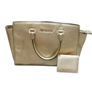 Michael Kors Metallic Gold Leather Tote Handbag Satchel w/ matching wallet